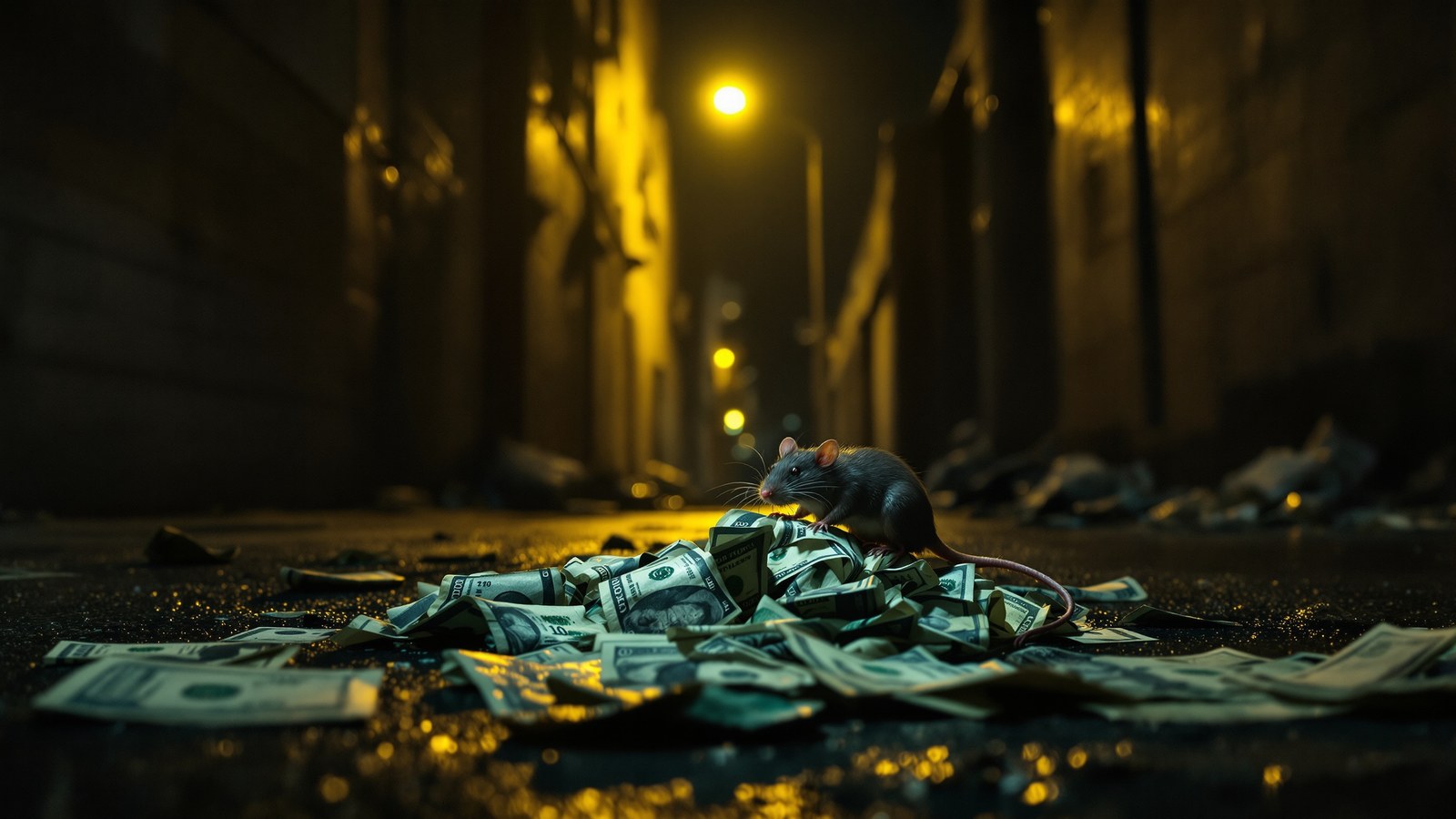 A city rat on a pile of dollar bills