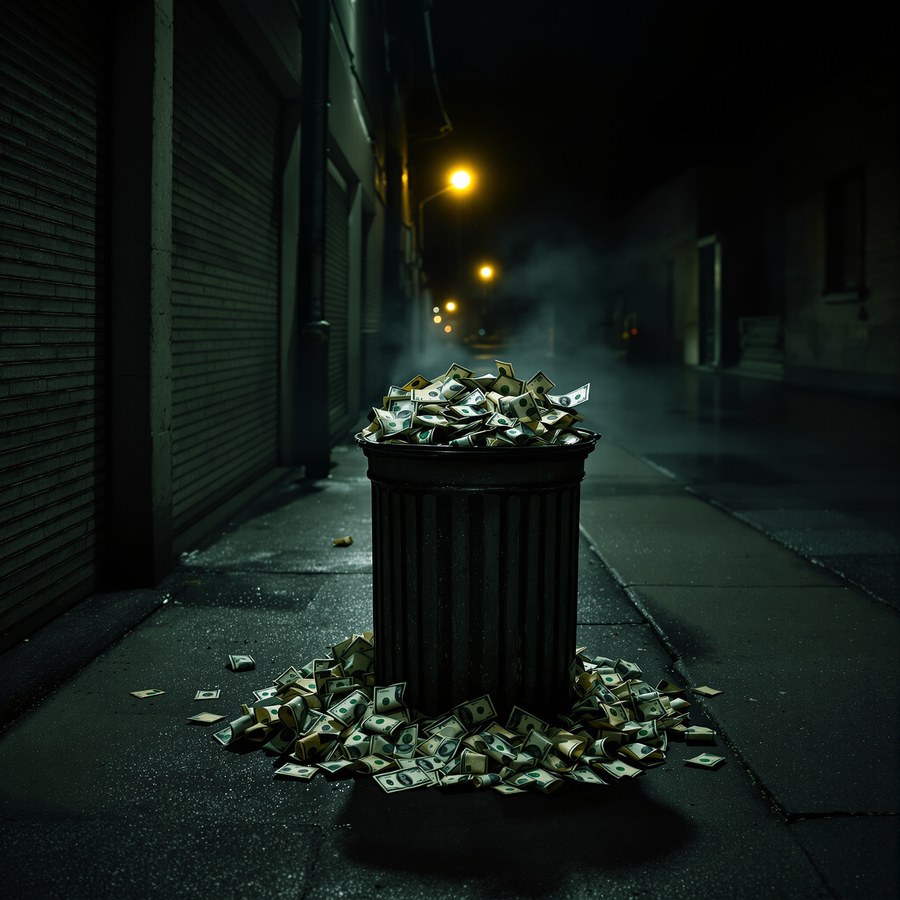 Trash and dollar bills